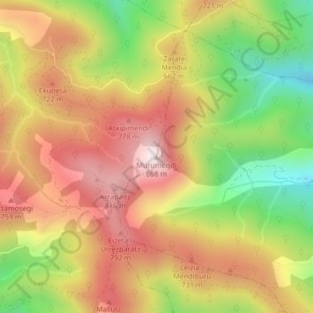 Mapa topográfico Murumendi, altitude, relevo