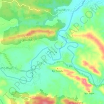 Mapa topográfico Purana, altitude, relevo