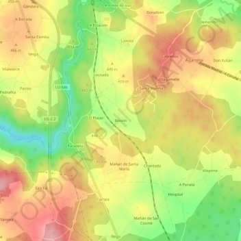 Mapa topográfico Bocelo, altitude, relevo