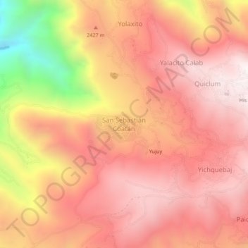 Mapa topográfico San Sebastián Coatán, altitude, relevo