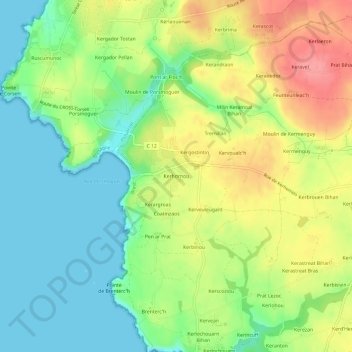 Mapa topográfico Kerhornou, altitude, relevo