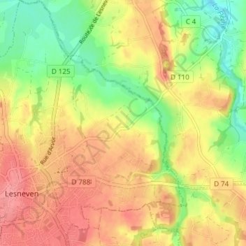 Mapa topográfico Kerenoc, altitude, relevo