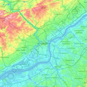 Mapa topográfico Philadelphia, altitude, relevo