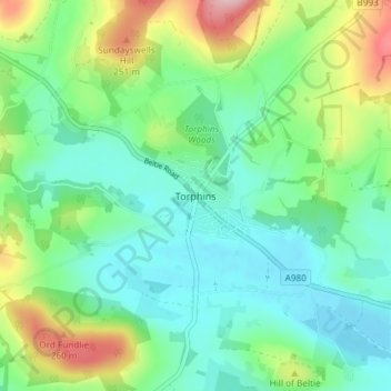 Mapa topográfico Torphins, altitude, relevo