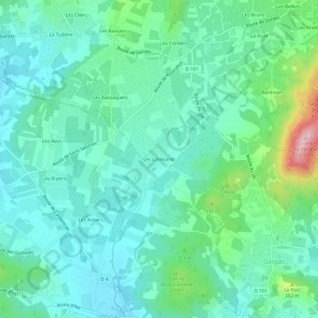 Mapa topográfico Les Lombards, altitude, relevo