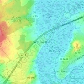 Mapa topográfico Bures-sur-Dives, altitude, relevo