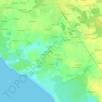 Mapa topográfico Kerjoyeux, altitude, relevo