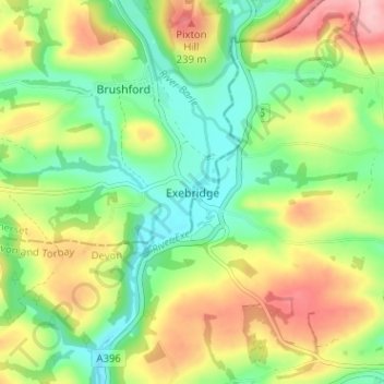 Mapa topográfico Exebridge, altitude, relevo