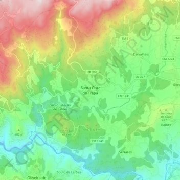 Mapa topográfico Santa Cruz da Trapa, altitude, relevo