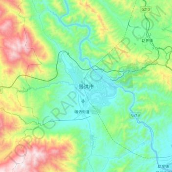 Mapa topográfico Jinghong, altitude, relevo