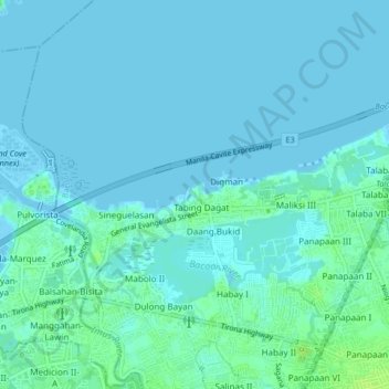 Mapa topográfico Tabing Dagat, altitude, relevo
