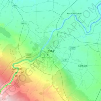 Mapa topográfico Kota, altitude, relevo