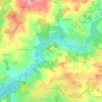 Mapa topográfico Bret, altitude, relevo