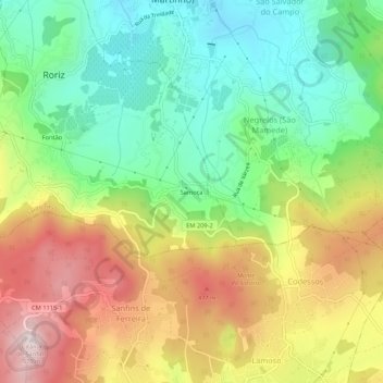 Mapa topográfico Samoça, altitude, relevo
