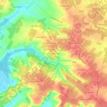 Mapa topográfico Chez Rivalland, altitude, relevo