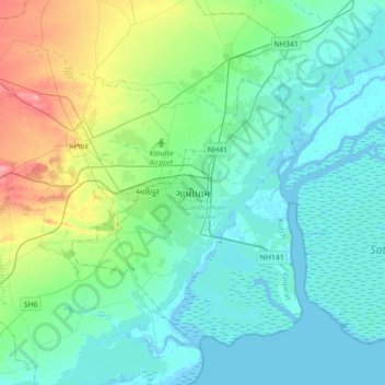 Mapa topográfico Gandhidham, altitude, relevo