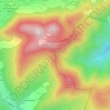 Mapa topográfico Collet d'en Sivilla, altitude, relevo