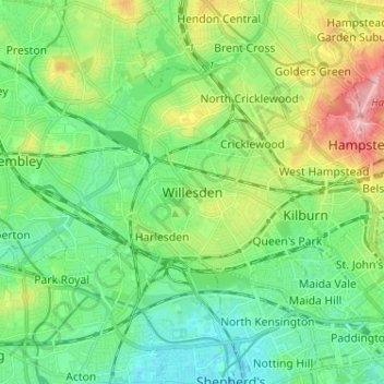 Mapa topográfico Willesden, altitude, relevo