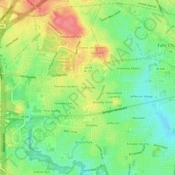 Mapa topográfico Tyler Park, altitude, relevo