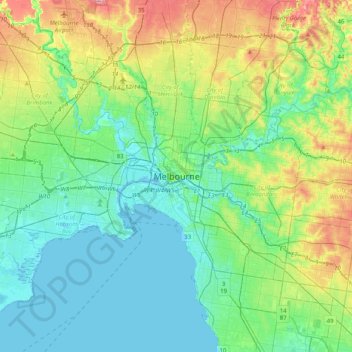 Mapa topográfico Melbourne, altitude, relevo