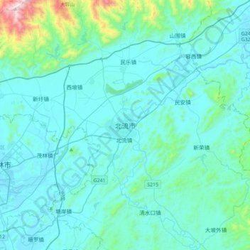 Mapa topográfico 北流市, altitude, relevo