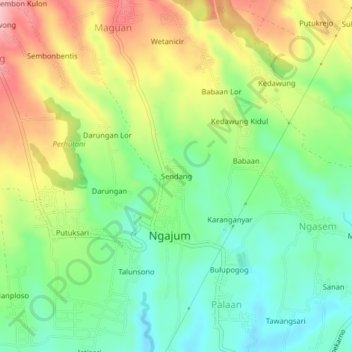 Mapa topográfico Sendang, altitude, relevo
