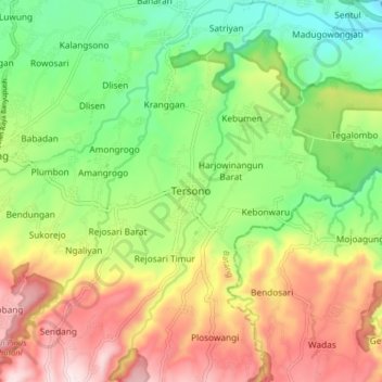 Mapa topográfico Tersono, altitude, relevo