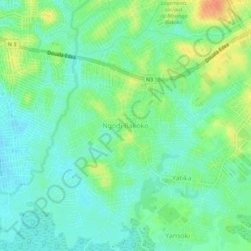 Mapa topográfico Ngodi Bakoko, altitude, relevo