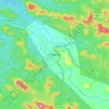 Mapa topográfico Phulbani, altitude, relevo