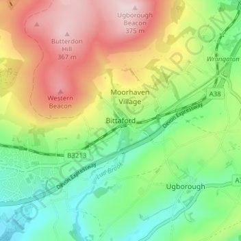 Mapa topográfico Bittaford, altitude, relevo