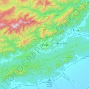 Mapa topográfico Itanagar, altitude, relevo
