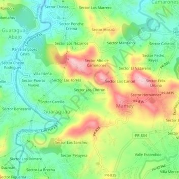 Mapa topográfico Sector Los Cintrón, altitude, relevo