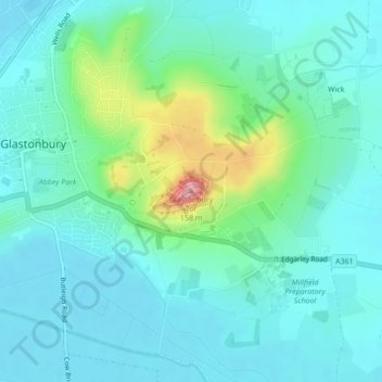 Mapa topográfico Glastonbury Tor, altitude, relevo