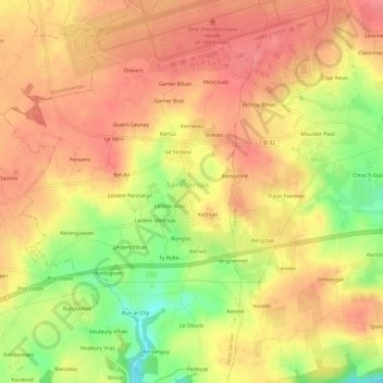 Mapa topográfico Le Ménez, altitude, relevo