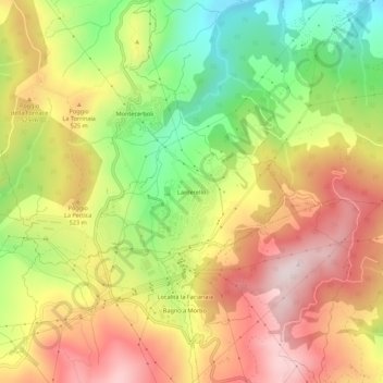Mapa topográfico Larderello, altitude, relevo