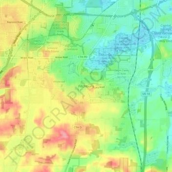 Mapa topográfico Fitchburg, altitude, relevo