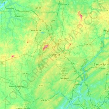 Mapa topográfico Marietta, altitude, relevo