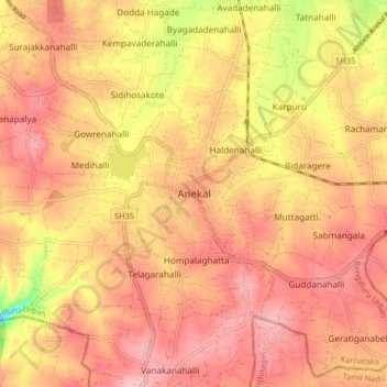 Mapa topográfico Anekal, altitude, relevo