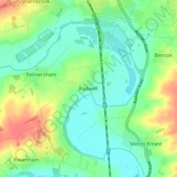Mapa topográfico Radwell, altitude, relevo
