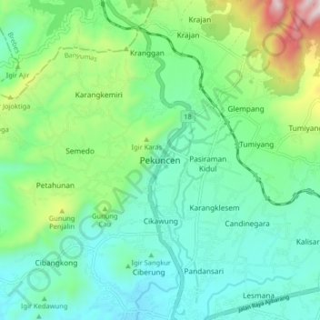 Mapa topográfico Pekuncen, altitude, relevo
