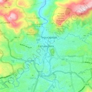 Mapa topográfico Comayagüela, altitude, relevo