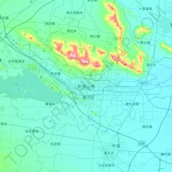 Mapa topográfico 平顶山市, altitude, relevo