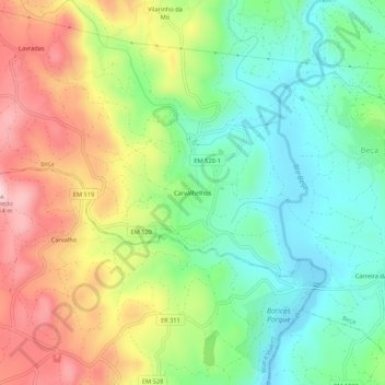 Mapa topográfico Carvalhelhos, altitude, relevo