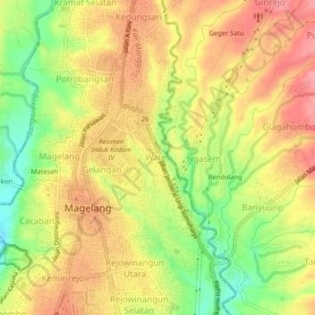 Mapa topográfico Wates, altitude, relevo