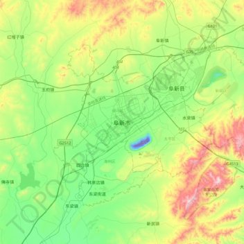 Mapa topográfico Fuxin, altitude, relevo