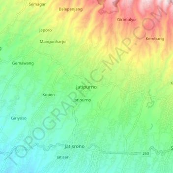 Mapa topográfico Jatipurno, altitude, relevo