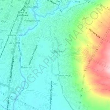 Mapa topográfico Kedungkandang, altitude, relevo