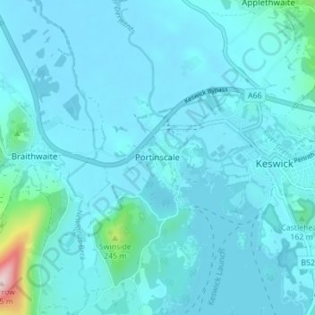Mapa topográfico Portinscale, altitude, relevo