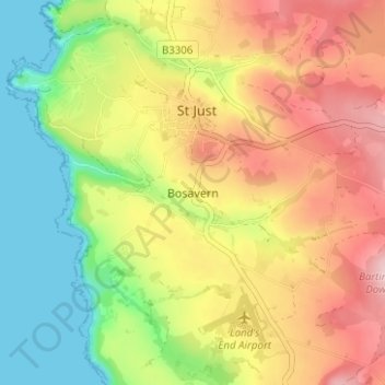 Mapa topográfico Bosavern, altitude, relevo