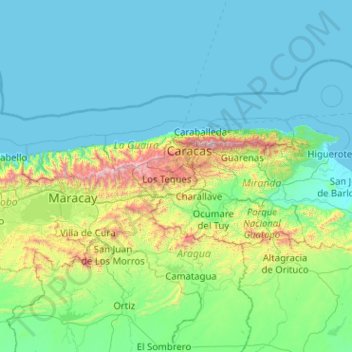 Mapa topográfico Altos Mirandinos, altitude, relevo